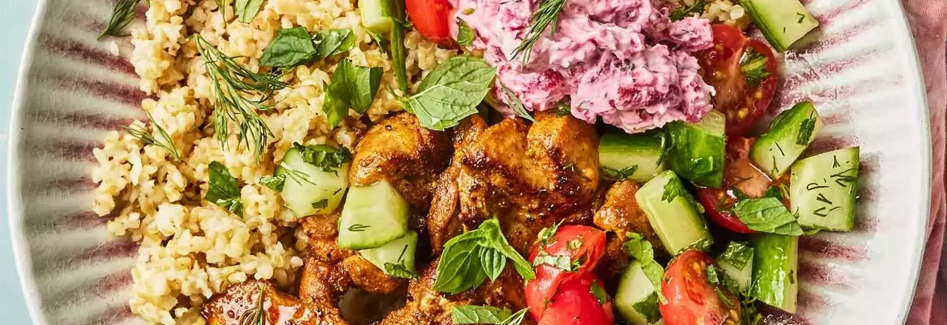 Flavorful Chicken Shawarma Bowls with Beet Tzatziki
