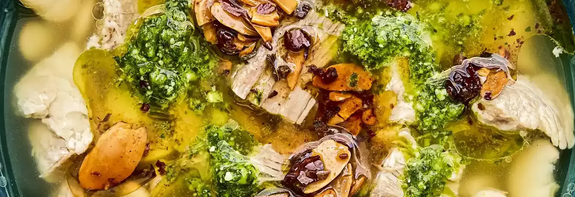 Mexican Brothy Beans with Pork, Salsa Macha, and Cilantro Pesto